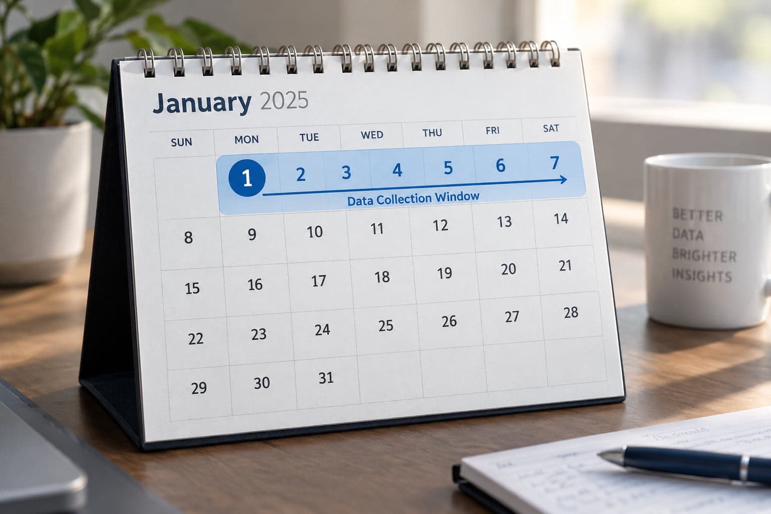 A desk calendar showing January, with the 1st through the 7th highlighted as a band labelled Data Collection Window and an arrow running across those seven days.