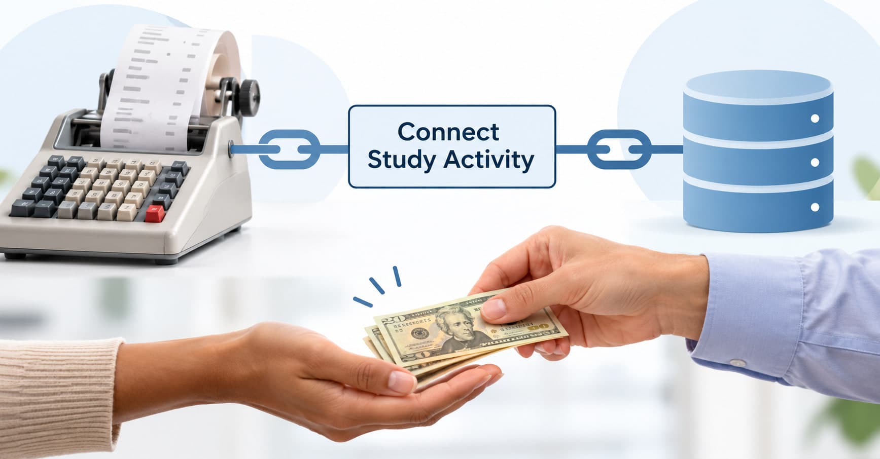 A vintage adding machine trailing a paper tape on the left and a blue database cylinder on the right, linked by a chain running through a panel that reads Connect Study Activity. Below, one hand passes banknotes into an open palm.