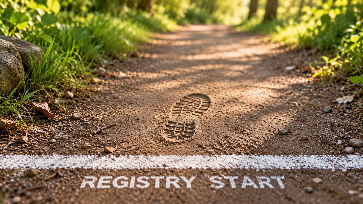 A sunlit woodland trail with a white start line painted across it and the words REGISTRY START stencilled on the dirt, a single boot print pressed into the ground just beyond the line.