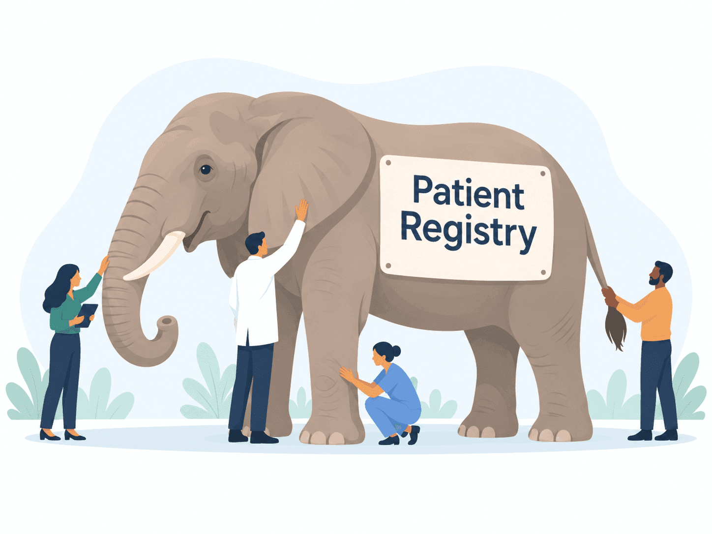 Four people each touch a different part of an elephant wearing a sign that reads Patient Registry. One holds the trunk, a clinician in a white coat reaches for the ear, another crouches to touch a leg, and a fourth holds the tail.