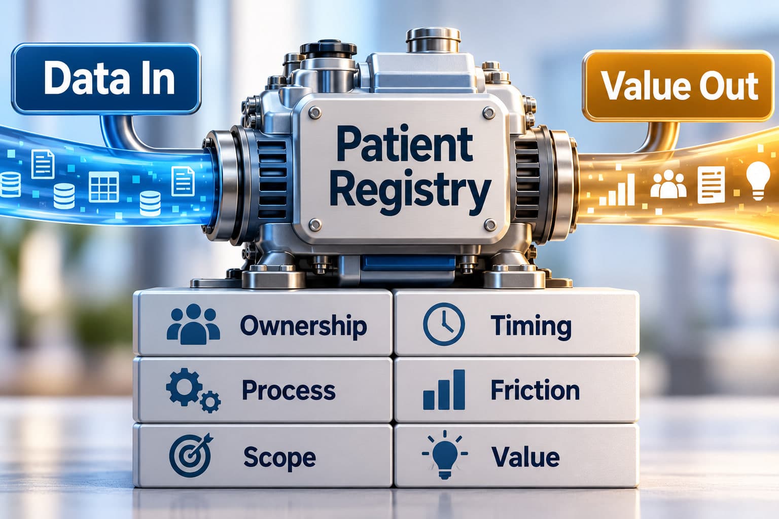 An engine block labelled Patient Registry, fed by a blue stream of documents and databases marked Data In and emitting a gold stream of charts and people marked Value Out. It rests on six blocks labelled Ownership, Timing, Process, Friction, Scope and Value.