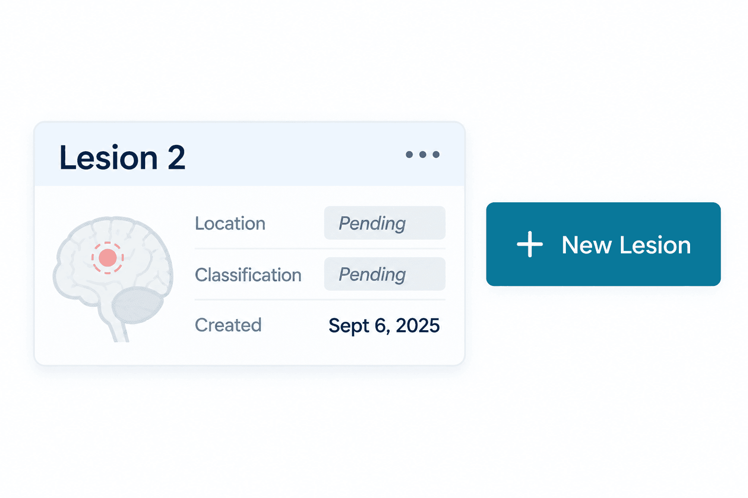 A card for Lesion 2 showing location pending and classification pending, created September 6 2025, beside a New Lesion button.