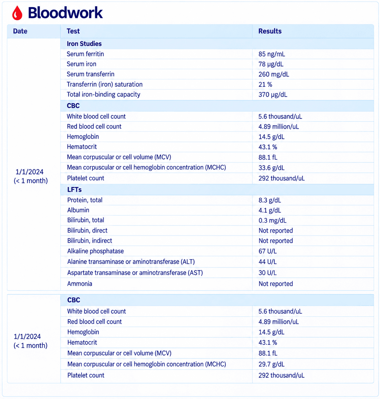 A Bloodwork table grouped into iron studies, CBC and LFTs for one date, with a second CBC block beneath, each row giving the test name and its result.