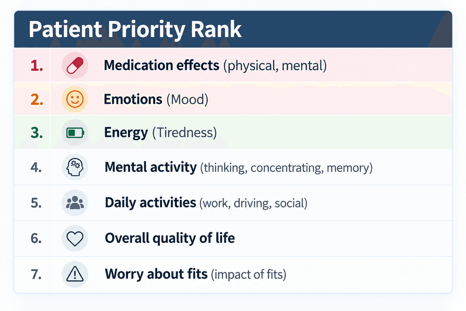 A Patient Priority Rank table listing seven priorities in order: medication effects, emotions, energy, mental activity, daily activities, overall quality of life, and worry about fits, with the top three colour-banded.