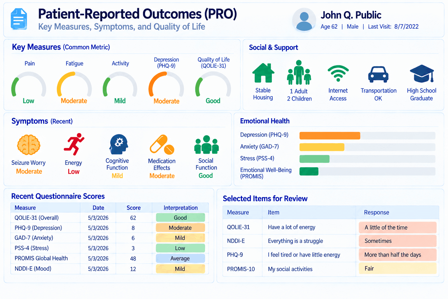 A Patient-Reported Outcomes dashboard. Gauge dials show pain, fatigue, activity, depression and quality of life. Icons summarise social support. Symptom icons, an emotional-health bar chart, a questionnaire score table and selected items for review fill the rest.