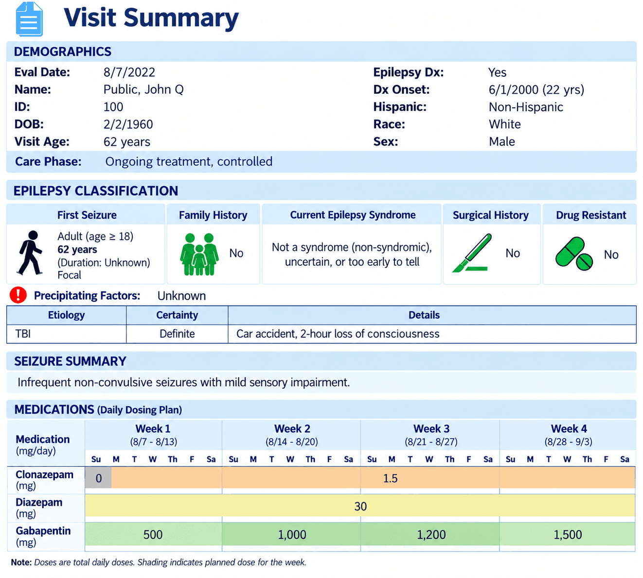 A Visit Summary report: demographics, epilepsy classification with icons for first seizure, family history, syndrome, surgical history and drug resistance, a seizure summary line, and a four-week medication dosing grid shaded by dose.