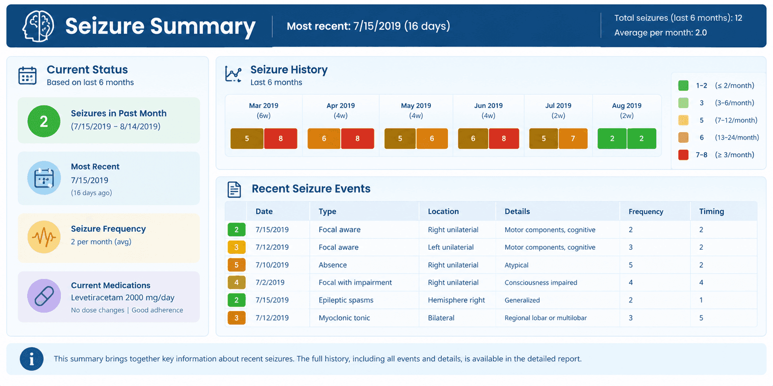 A Seizure Summary panel: current status with two seizures in the past month, most recent date, average frequency and current medications on the left; a six-month history of colour-graded monthly counts and a recent seizure events table on the right.