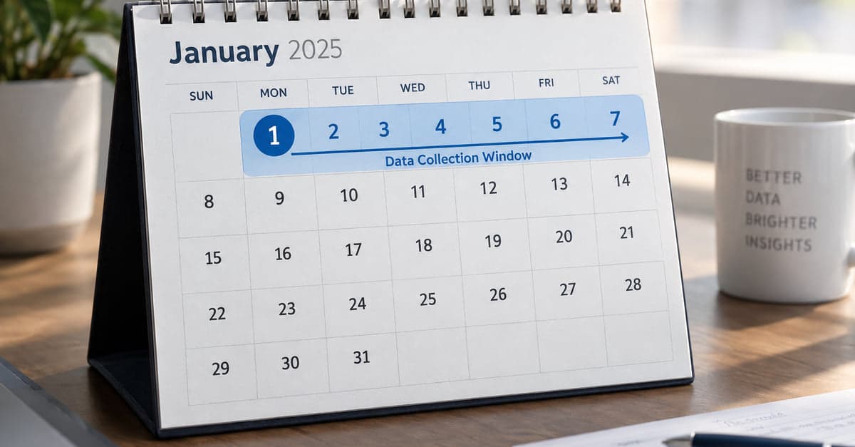 A desk calendar showing January with the 1st through the 7th highlighted as a band labelled Data Collection Window.