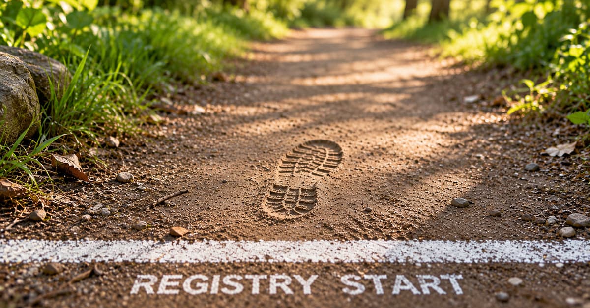 A sunlit woodland trail with a white start line painted across it and the words REGISTRY START stencilled on the dirt, a single boot print just beyond the line.