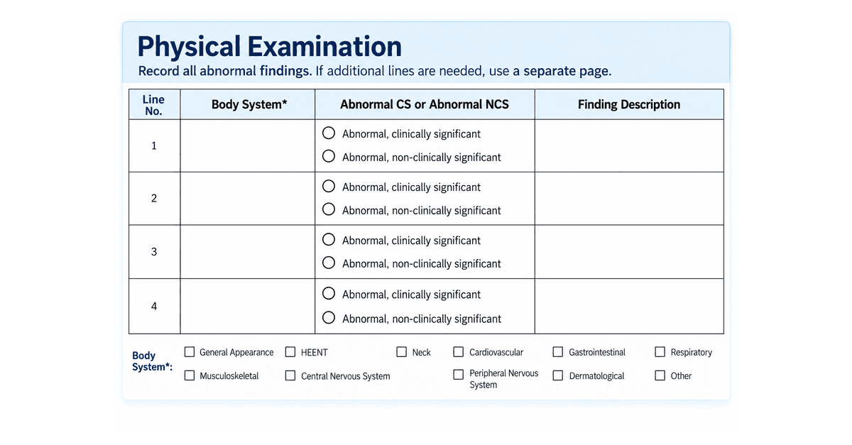 A paper Physical Examination form with four numbered rows for abnormal findings and eleven body systems listed as checkboxes underneath.