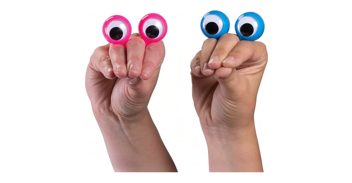 Two fists side by side, each wearing a pair of googly-eye finger puppets — pink on the left, blue on the right — so the fingers appear to be staring back.