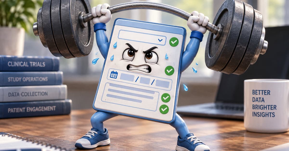 The same form character on a desk, teeth gritted, pressing a heavy barbell overhead, its own fields ticked green down one side.