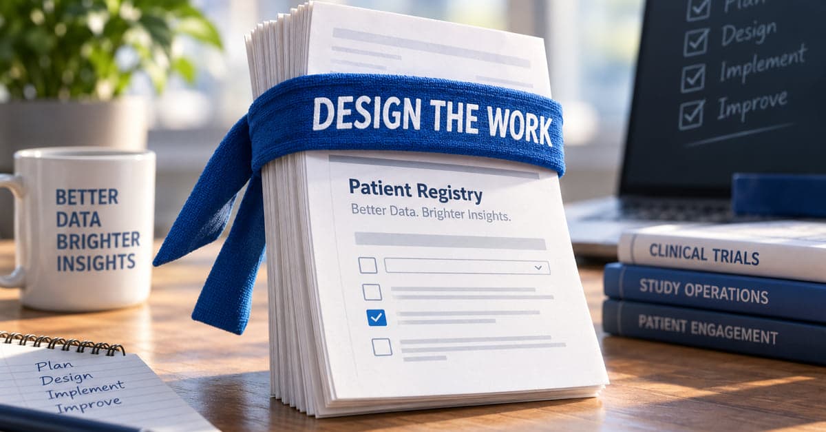 A stack of Patient Registry forms standing on a desk wearing a blue sweatband that reads DESIGN THE WORK, beside a mug reading Better Data Brighter Insights, a notepad listing plan, design, implement and improve, and books labelled Clinical Trials, Study Operations and Patient Engagement.