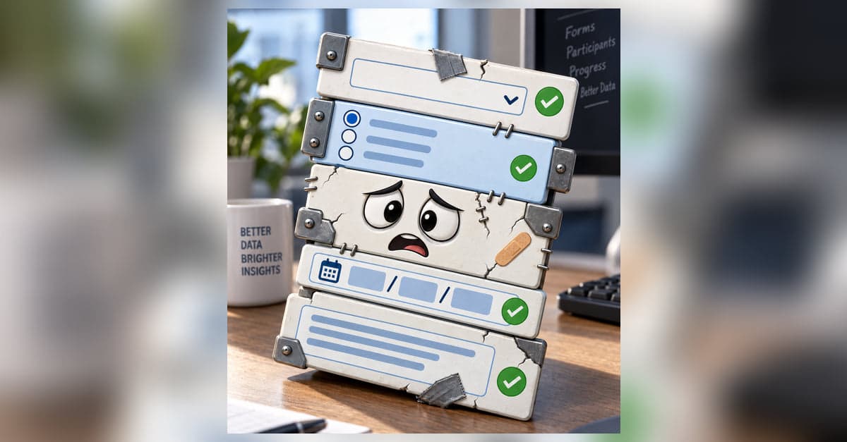 A form propped on a desk, built from separate field rows that are each ticked green but bolted, taped, stapled and bandaged together into one cracked and unhappy stack.