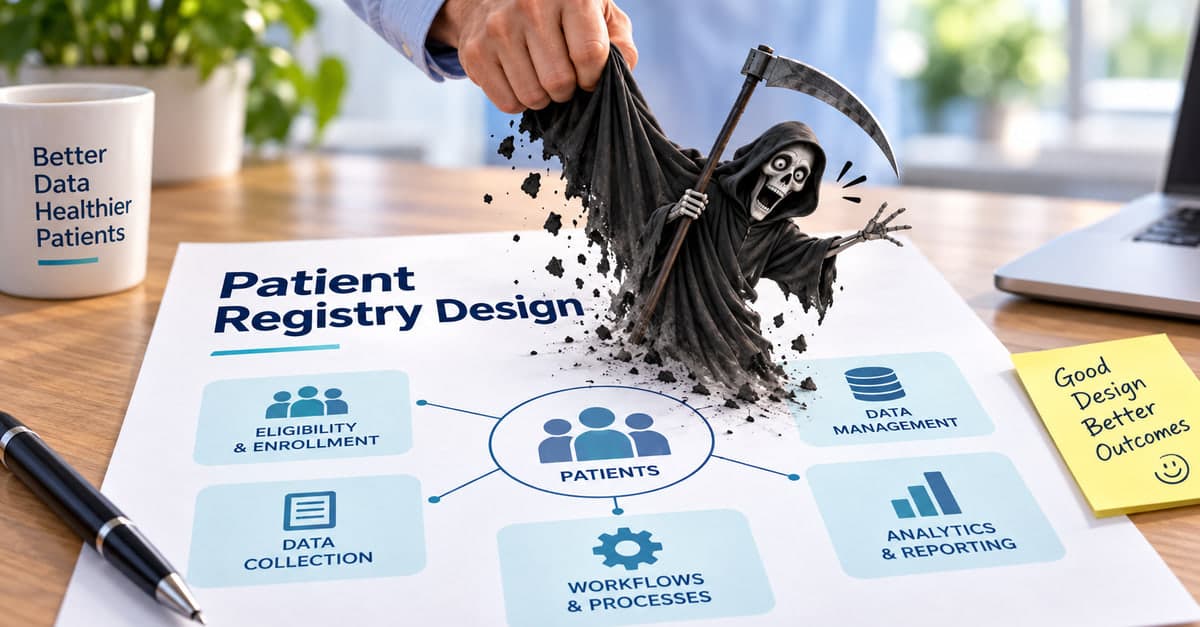 A hand lifts a cartoon grim reaper off a sheet of paper headed Patient Registry Design, where it crumbles to dust above a diagram linking Patients to eligibility and enrollment, data collection, workflows and processes, data management, and analytics and reporting. A mug reads Better Data Healthier Patients and a sticky note reads Good Design Better Outcomes.