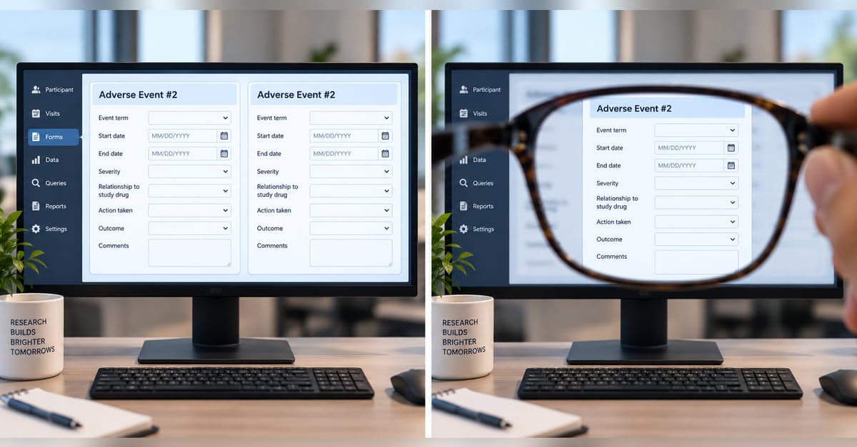 The same Adverse Event number 2 form shown twice side by side on a monitor, and again through a pair of spectacles held up to the screen, bringing one of the two into focus.