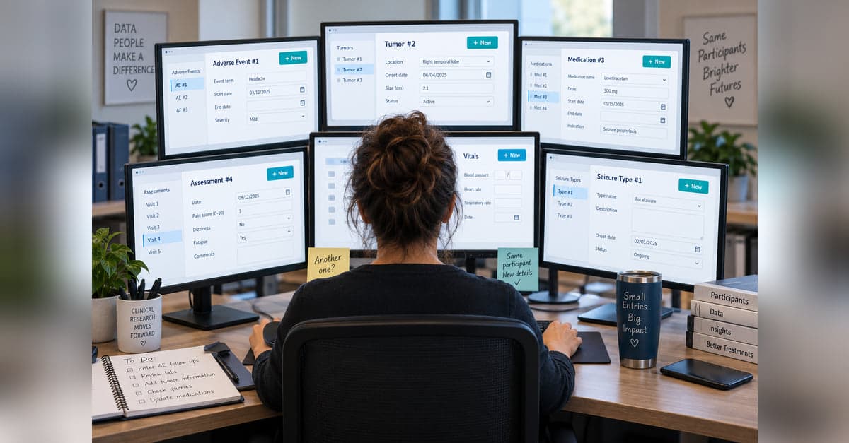 A data manager at a desk of six monitors, each showing a different repeating study form for adverse events, tumors, medications, assessments, vitals and seizure types, every one with a New button.