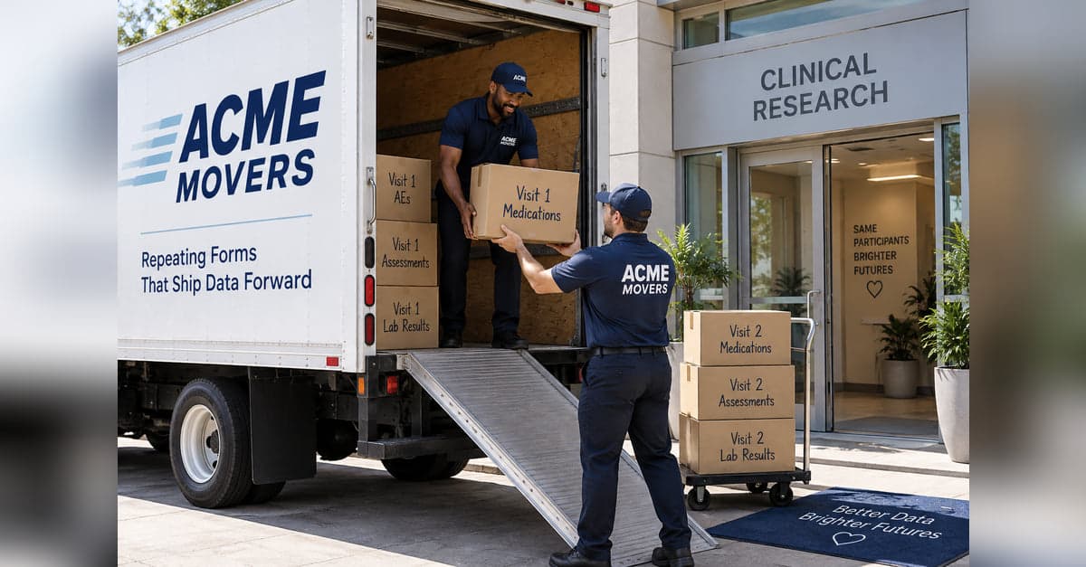 Two movers unloading an ACME Movers truck outside a clinical research building, carrying boxes labelled Visit 1 medications, assessments and lab results onto a trolley of Visit 2 boxes. The truck reads: repeating forms that ship data forward.