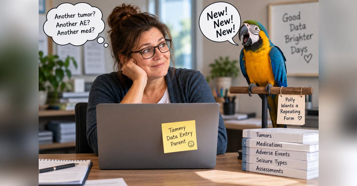 A data-entry coordinator at her laptop glancing at a macaw on a perch squawking New! New! New!, beside a sign reading Polly wants a repeating form and a stack of binders labelled tumors, medications, adverse events, seizure types and assessments.