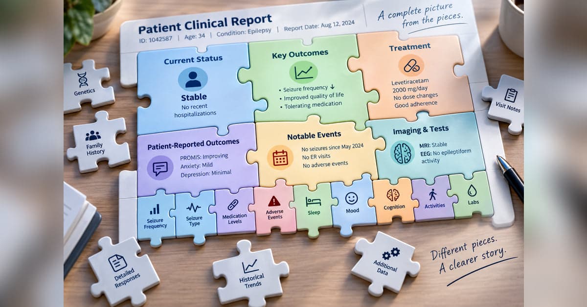 A patient clinical report assembled as a jigsaw, with interlocking pieces for current status, key outcomes, treatment, patient-reported outcomes, notable events and imaging, and loose pieces labelled genetics, family history, visit notes and historical trends waiting at the edges.