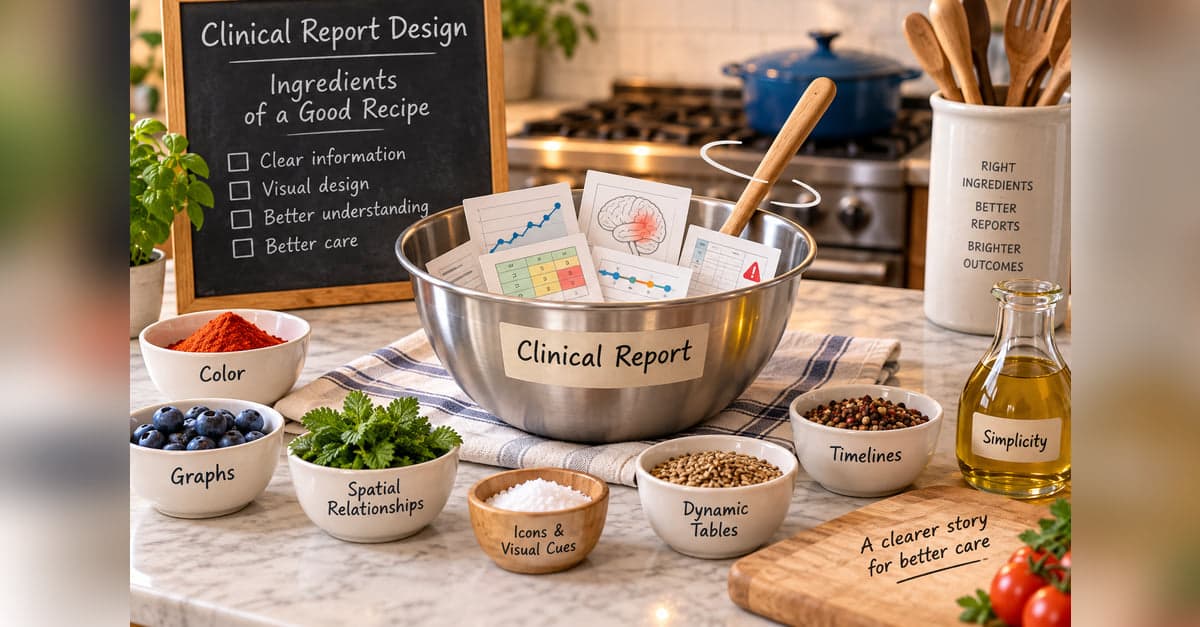 A kitchen counter laid out like a recipe. A mixing bowl labelled Clinical Report holds charts, a brain diagram and tables, surrounded by small bowls labelled colour, graphs, spatial relationships, icons and visual cues, dynamic tables and timelines, beside a bottle labelled simplicity.