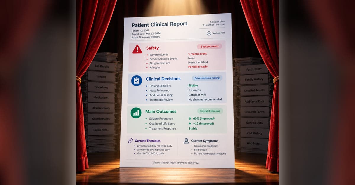 A large printed Patient Clinical Report standing centre stage under a spotlight between red theatre curtains, with stacks of paper labelled lab results, imaging, procedures, medications, past history and more waiting in the wings.