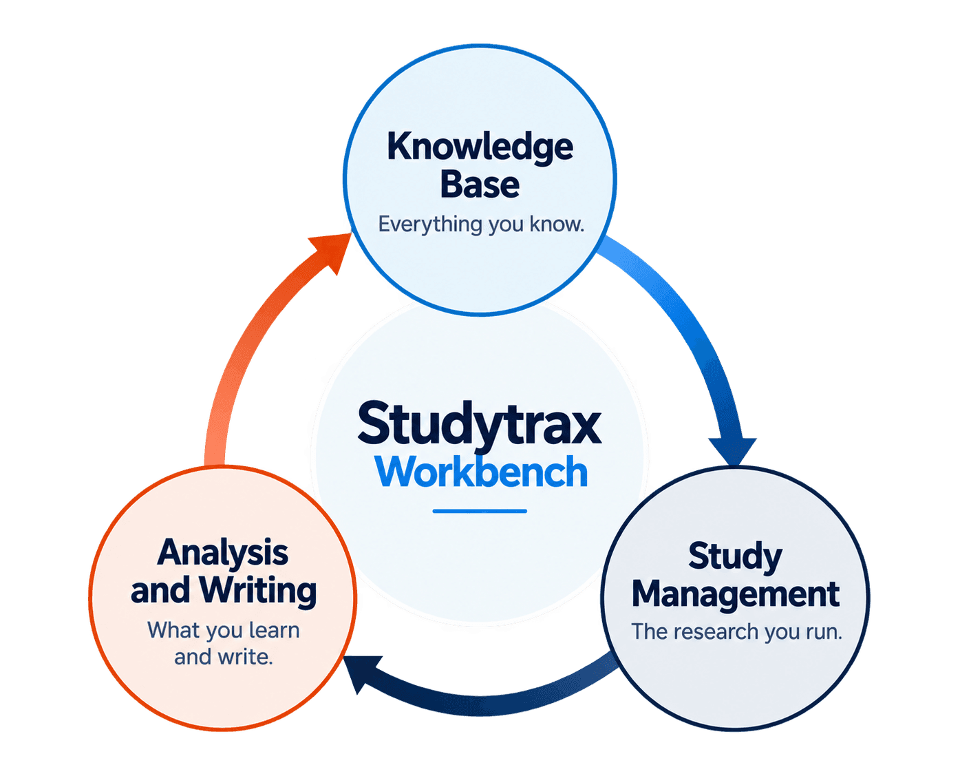 The Workbench loop: Knowledge Base, everything you know; Study Management, the research you run; and Analysis and Writing, what you learn and write, each feeding the next around a continuous cycle.